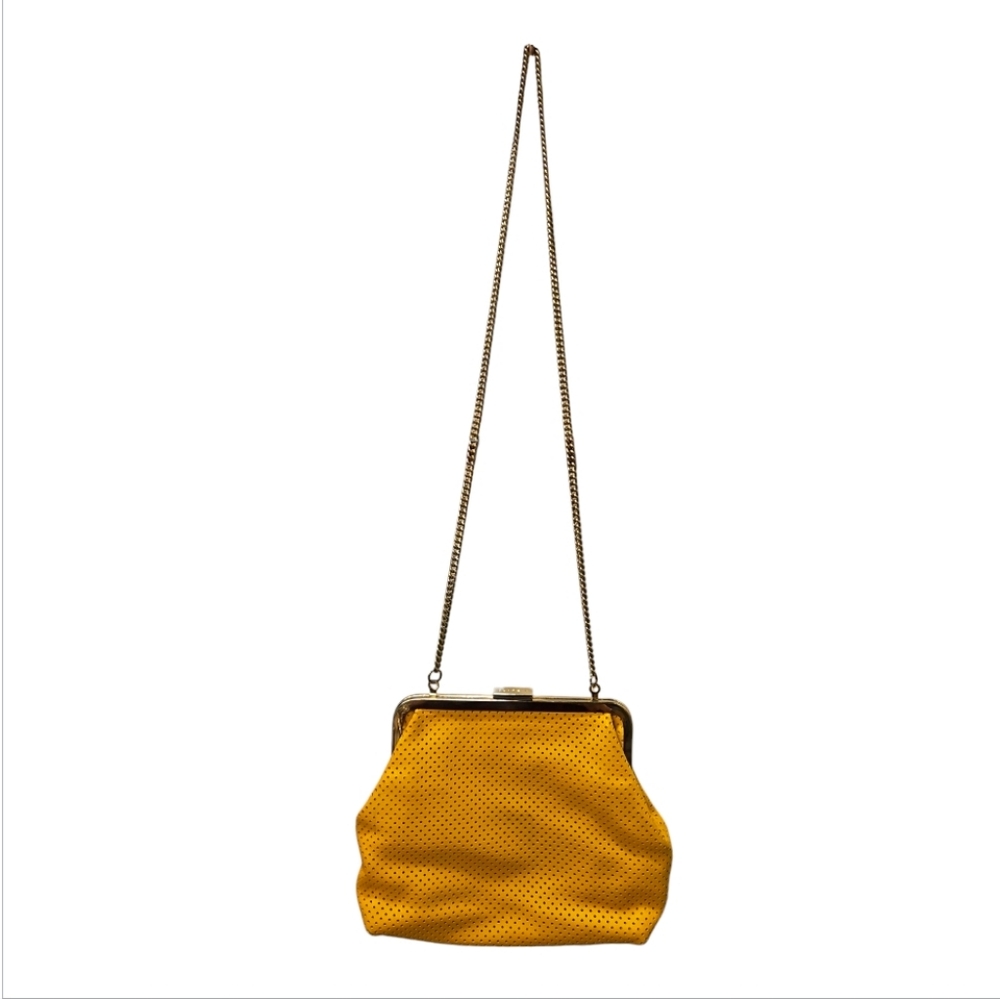 CLARE V | Yellow Perforated Leather Frame Bag Crossbody Shoulder Bag - Picture 6 of 8